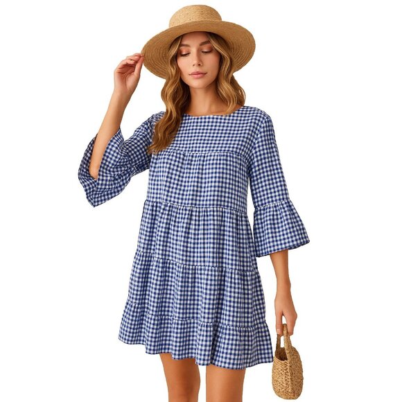 Zara Dresses & Skirts - Zara Tiered Gingham Mini Dress Bell Sleeve Blue XS Cottagecore Prairie Peasant